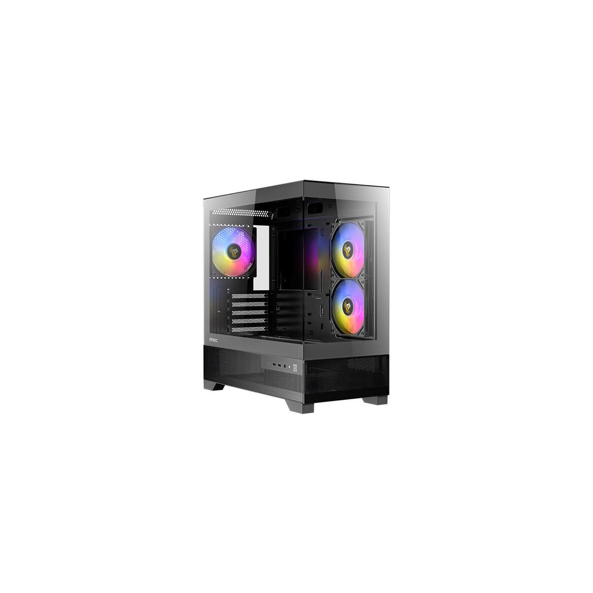 Een zwarte computerkast met glazen zijpaneel, met drie RGB-ventilatoren.