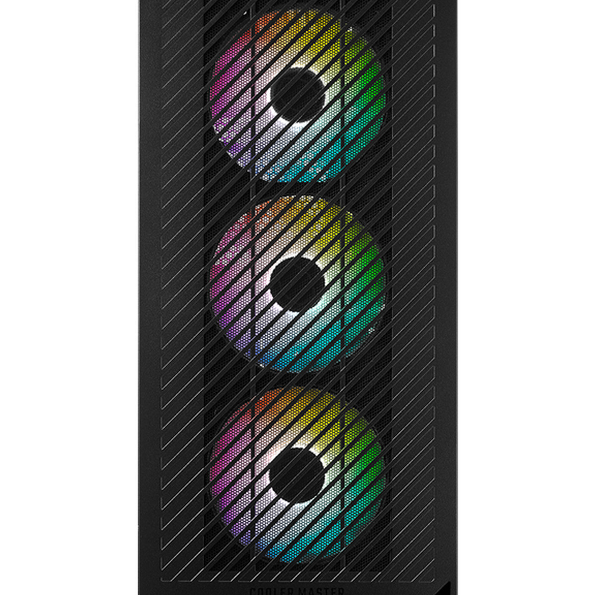 Un case per computer nero con tre ventole luminose multicolore.