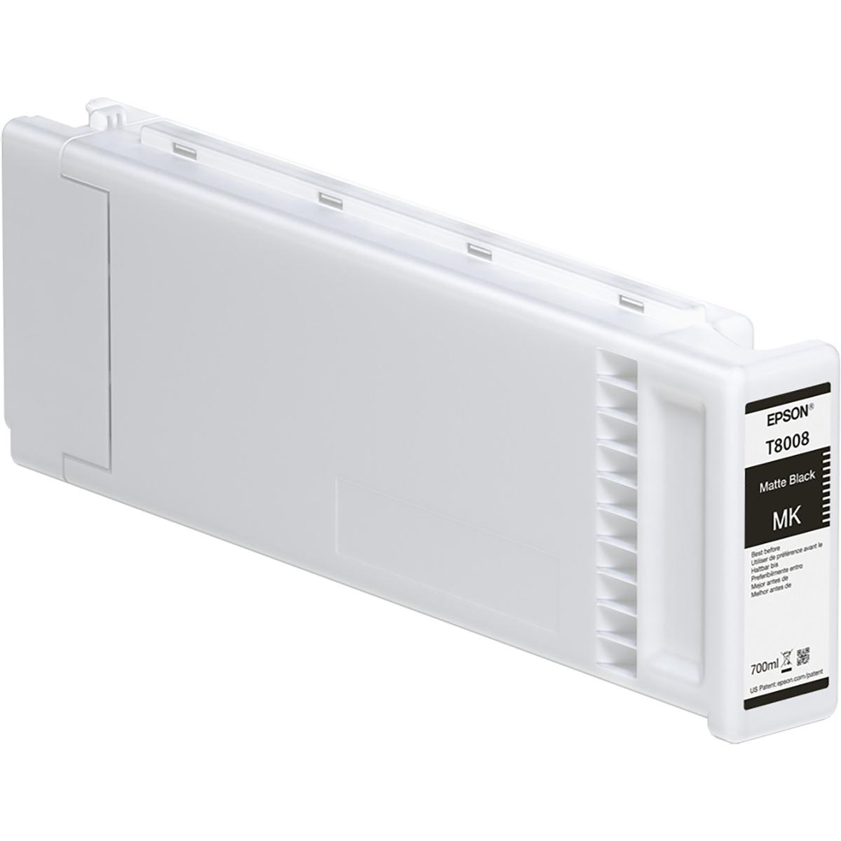 Un cartucho de tinta Epson T8008 Matte Black blanco de 700ml.