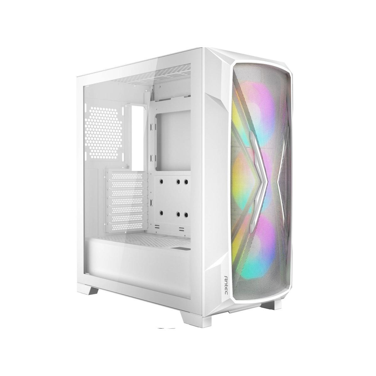 Un case PC bianco con pannello laterale in vetro e frontale RGB.