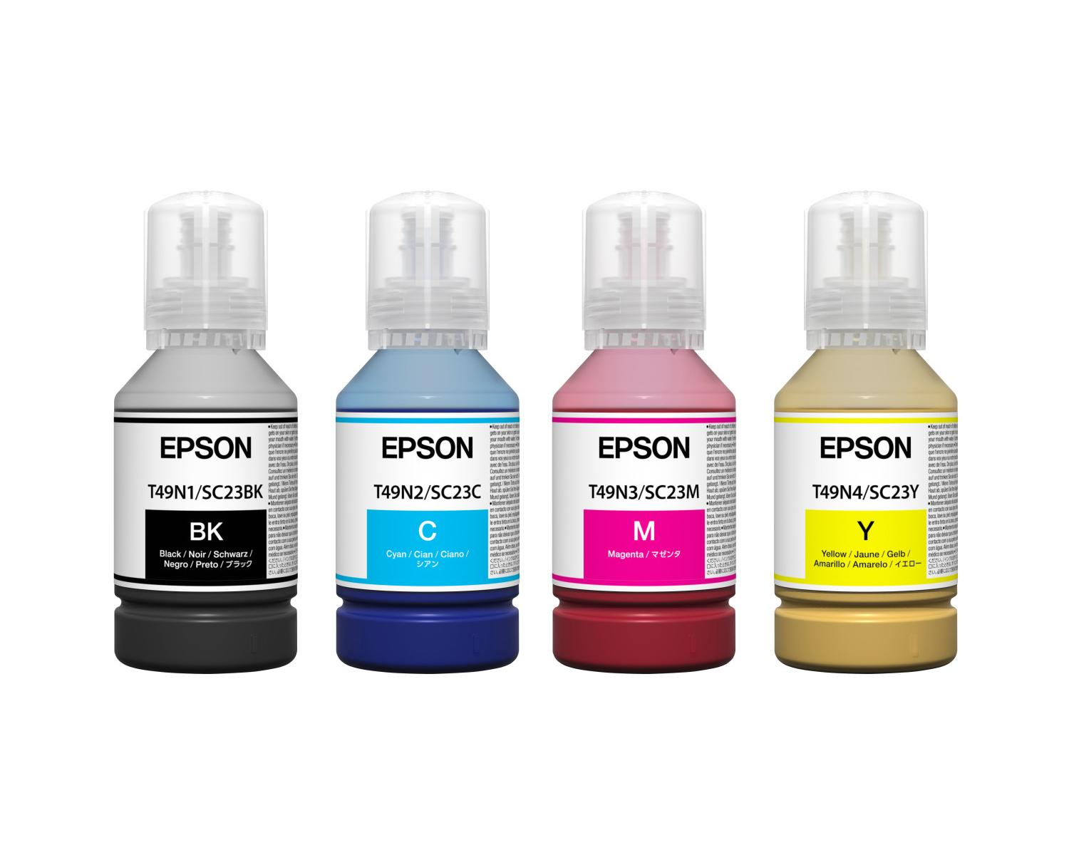 Cztery butelki z tuszem Epson: czarny, cyjan, magenta i żółty, obok siebie.