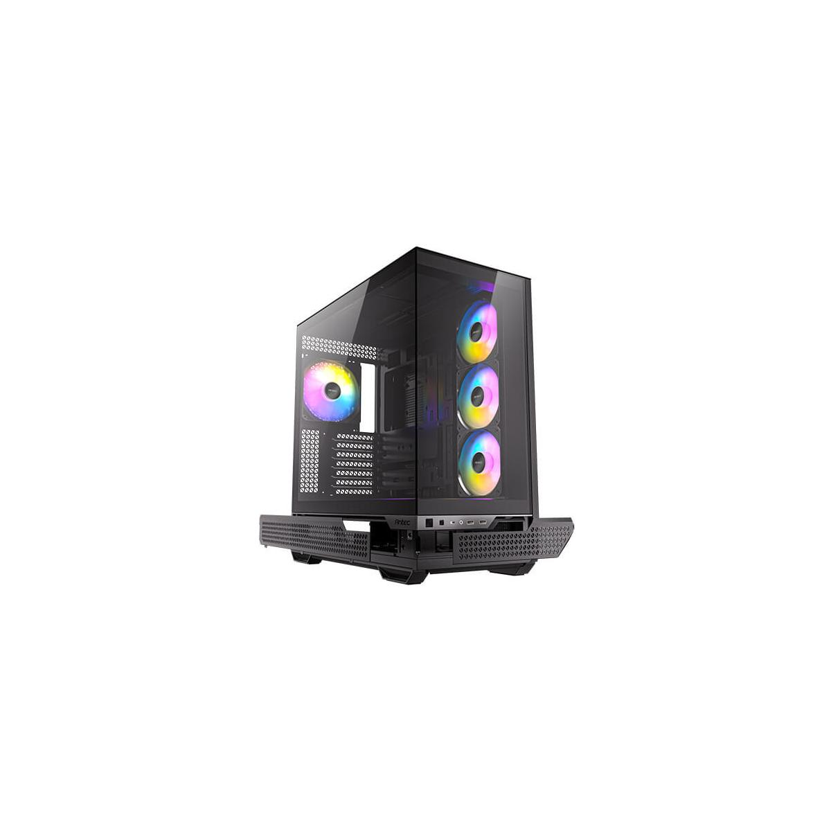 Un case PC nero con frontale in vetro e ventole colorate.