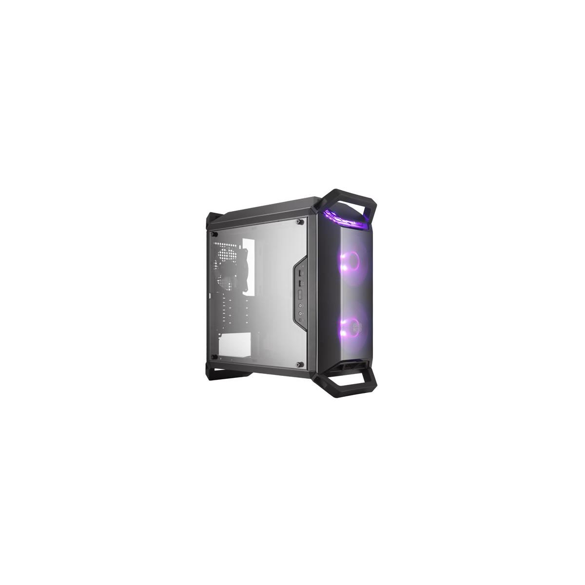 Case PC nero con lato in vetro e illuminazione viola.