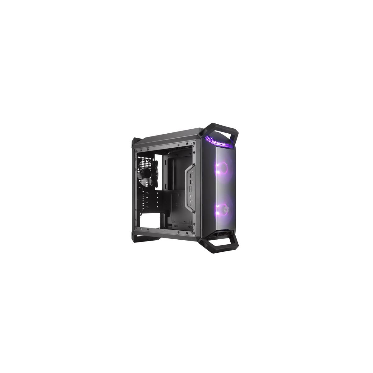 Un case per computer scuro con illuminazione viola delle ventole.