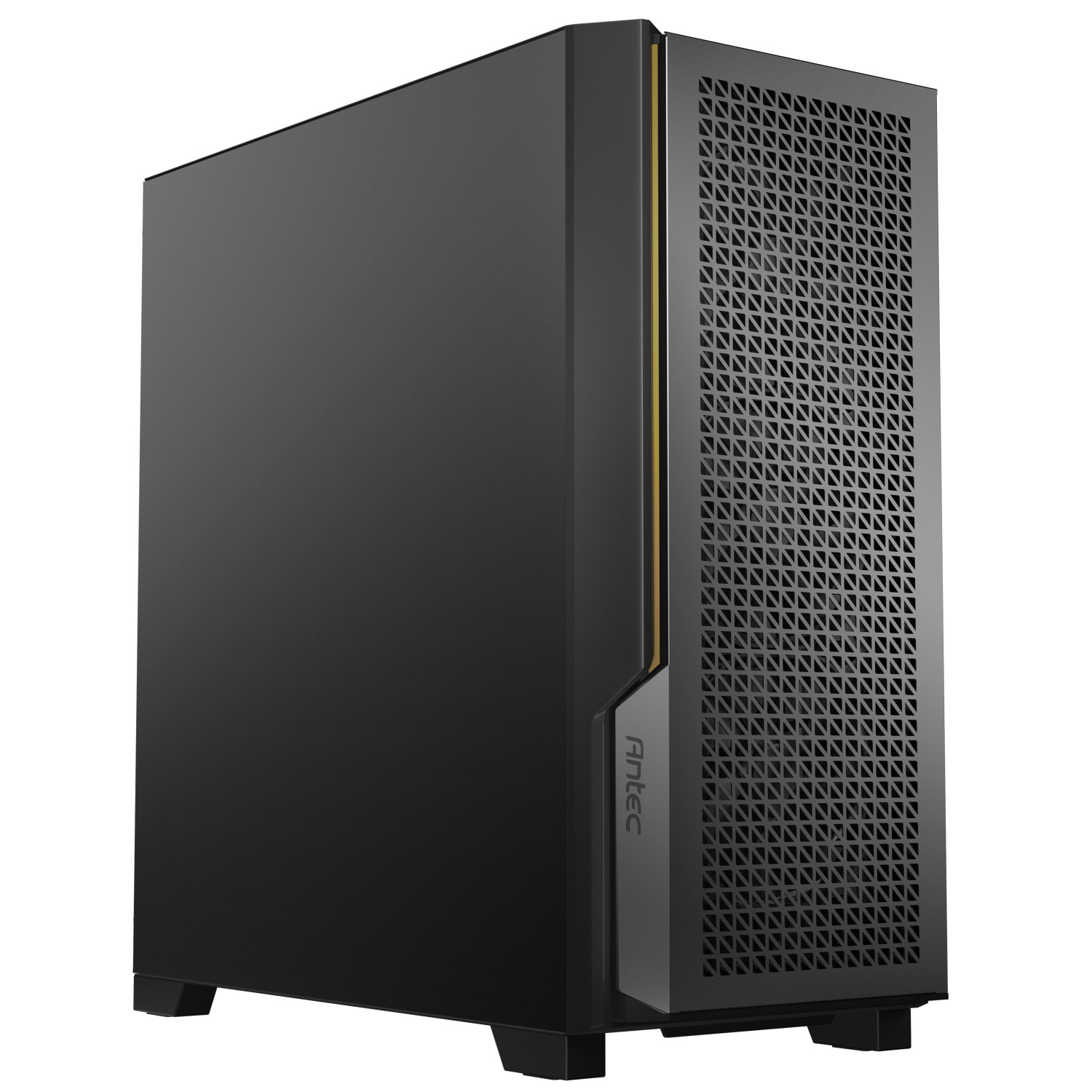 Black computer case with a yellow accent line and a perforated front panel.