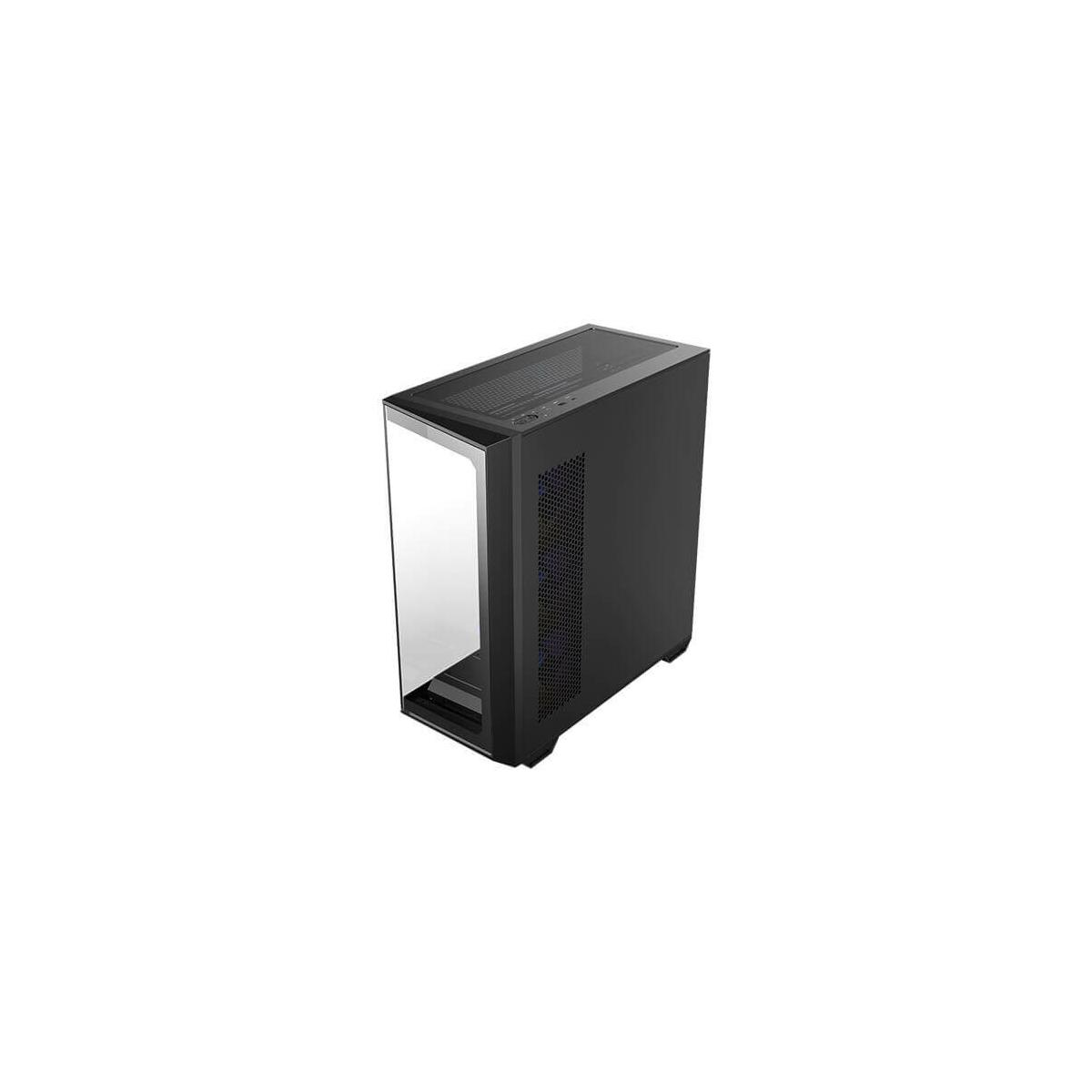 Una torre PC nera con pannello laterale e superiore in vetro su sfondo bianco.
