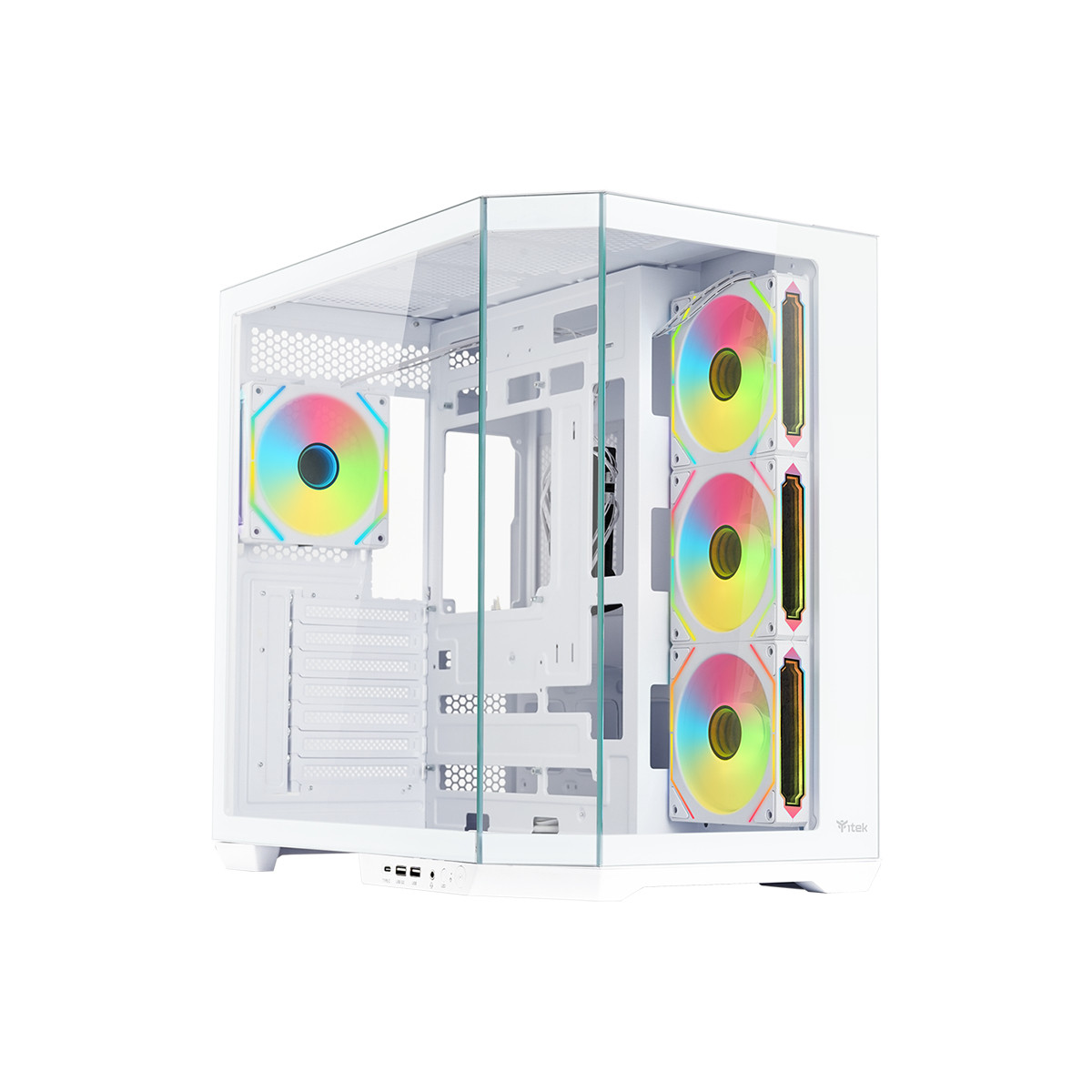 Un case PC bianco con lati in vetro e ventole RGB.