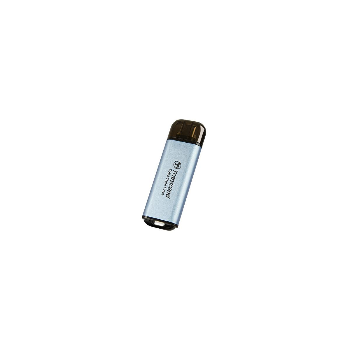 A light blue Transcend Solid State Drive with a dark cap, on a white background.