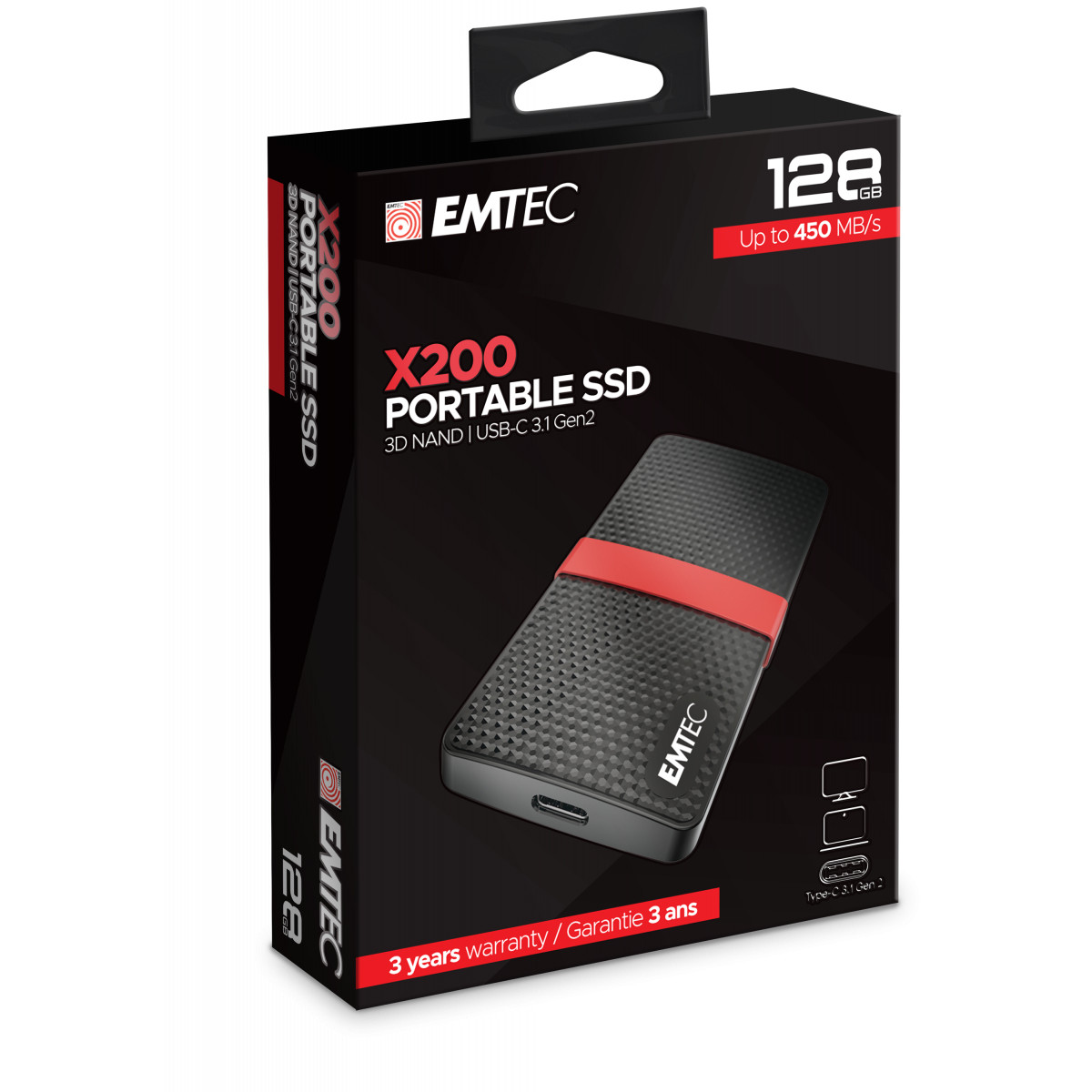 Embalaje de un SSD portátil EMTEC X200 negro con banda roja.