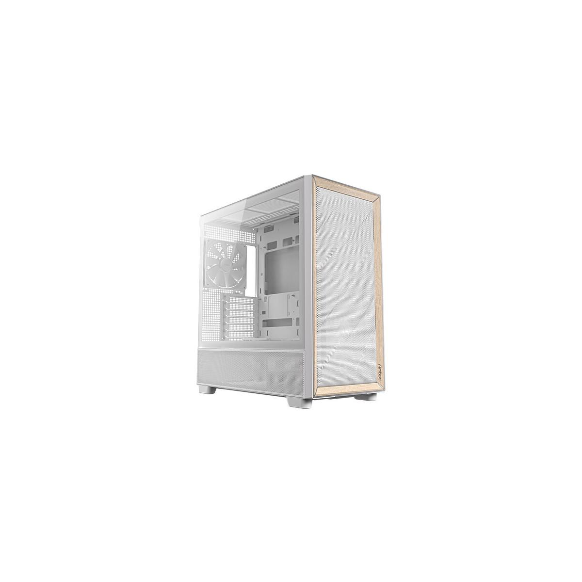 Un case per computer bianco con top in vetro e accenti effetto legno.