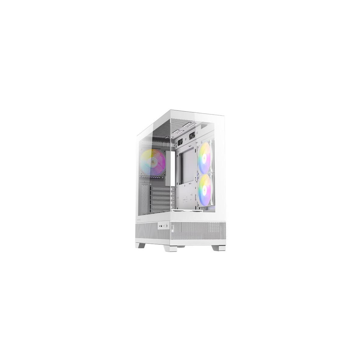Un case PC bianco con lati trasparenti e ventole RGB.
