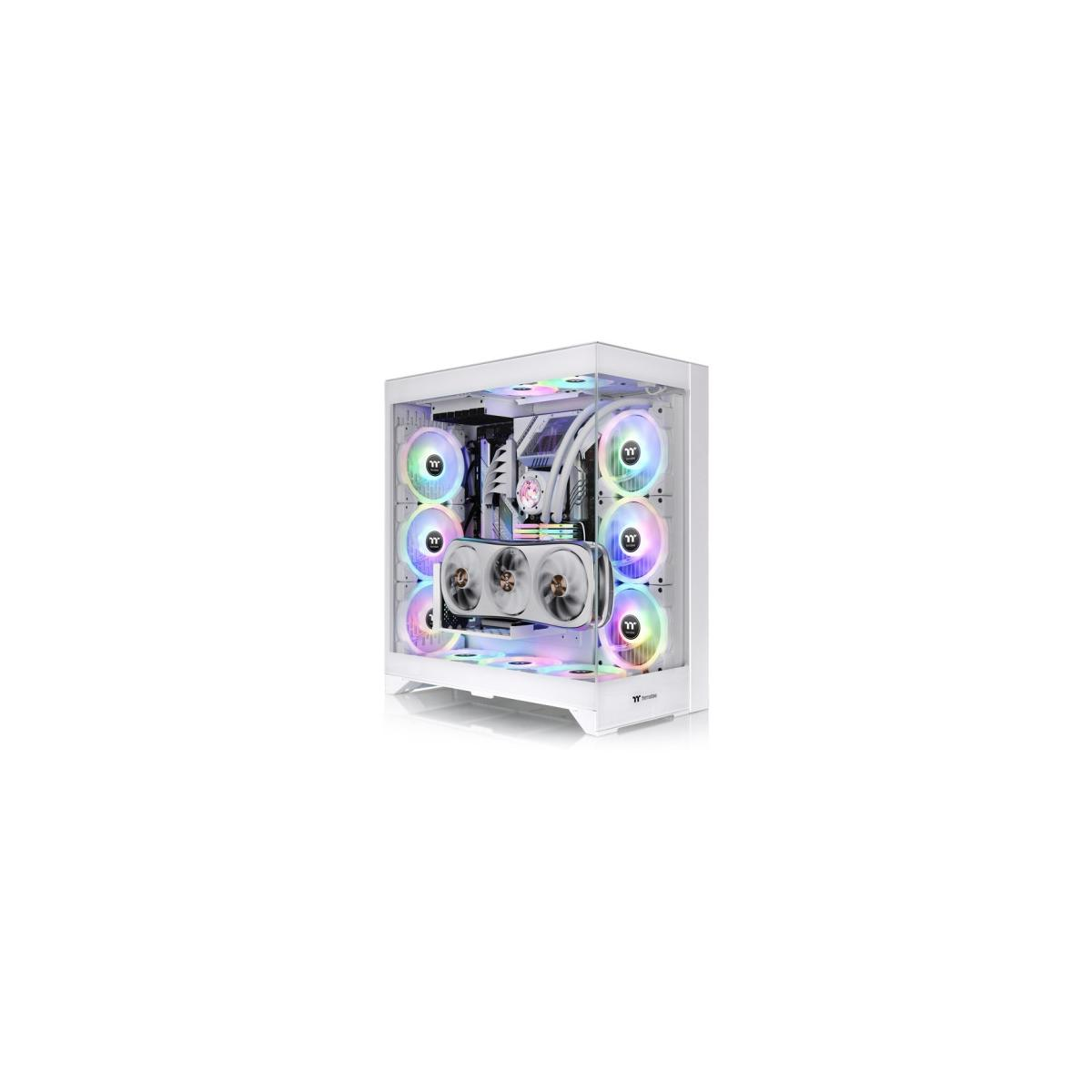 Un case PC bianco con ventole RGB e una scheda grafica.