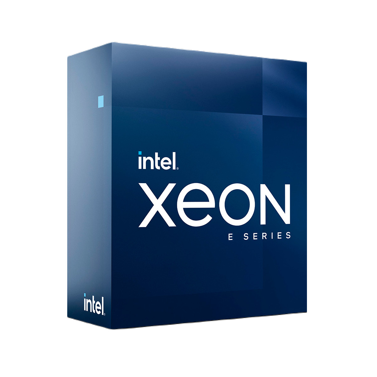 Scatola blu scuro Intel Xeon serie E con logo Intel.