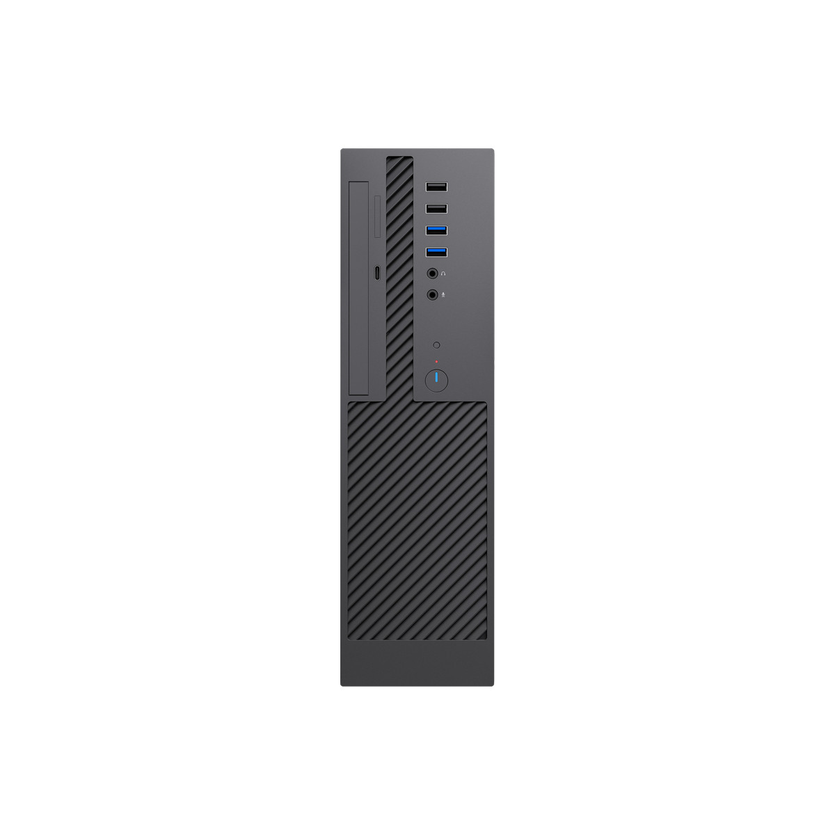 Una tower per computer desktop verticale nera con porte USB e un pulsante di accensione.