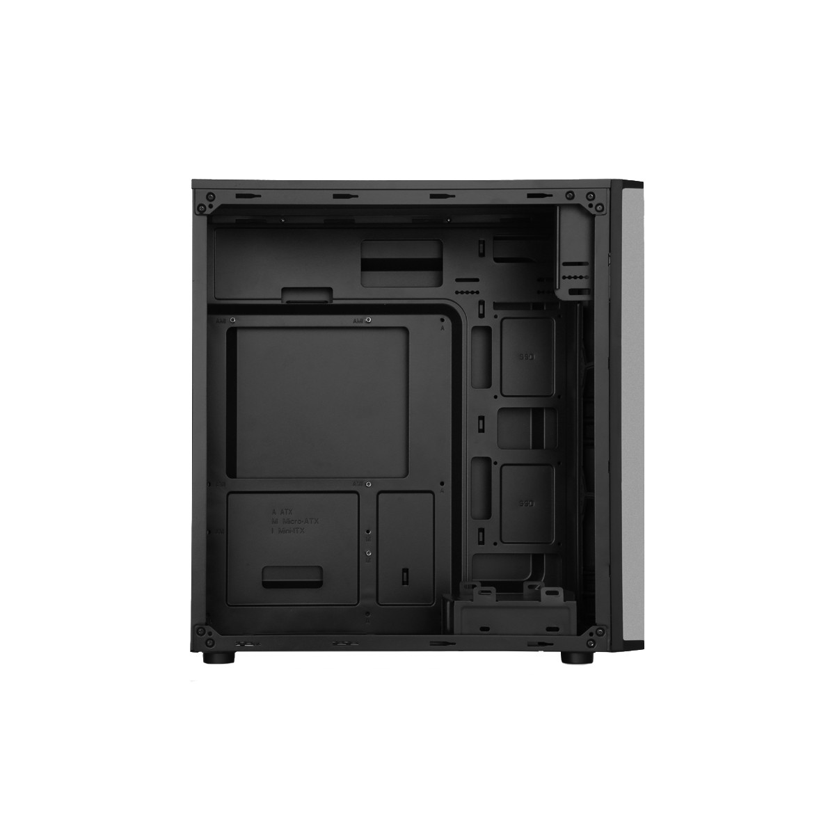 Innenansicht eines schwarzen Computergehäuses mit Montageplätzen für Motherboards und Laufwerke.