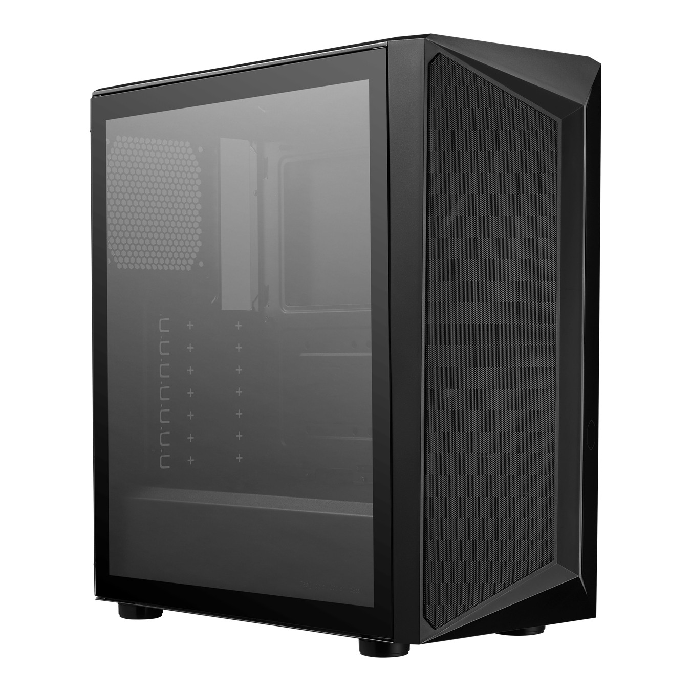 Un case per computer nero con pannello laterale in vetro temperato e pannello frontale in mesh.