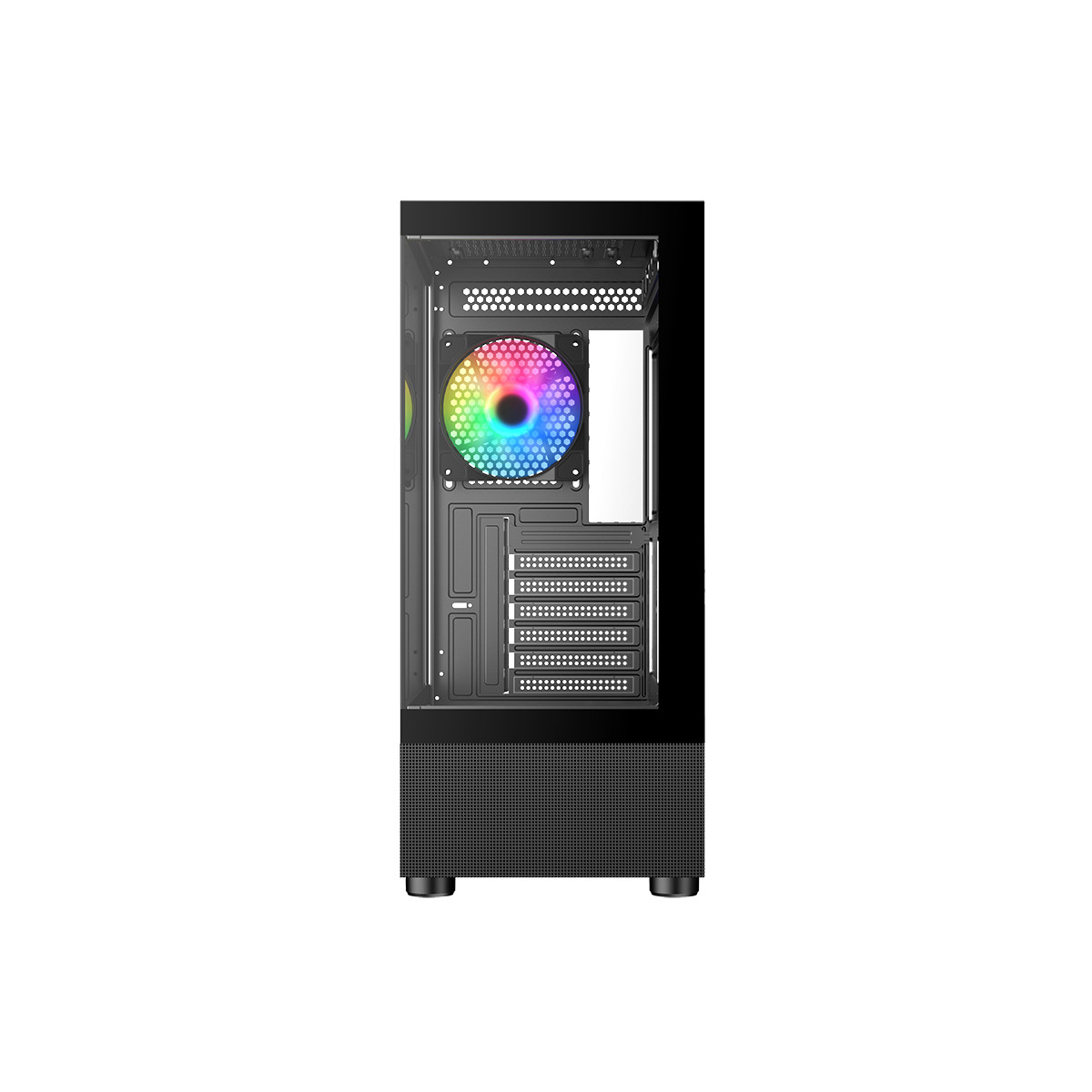 Un case PC nero con ventola colorata e finestra laterale.