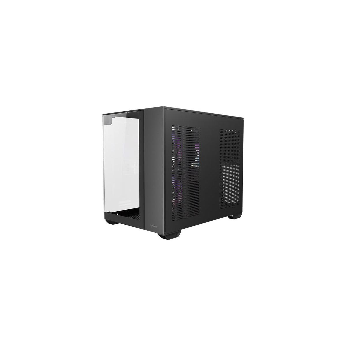 Case del computer nero con pannello frontale in vetro e prese d'aria.