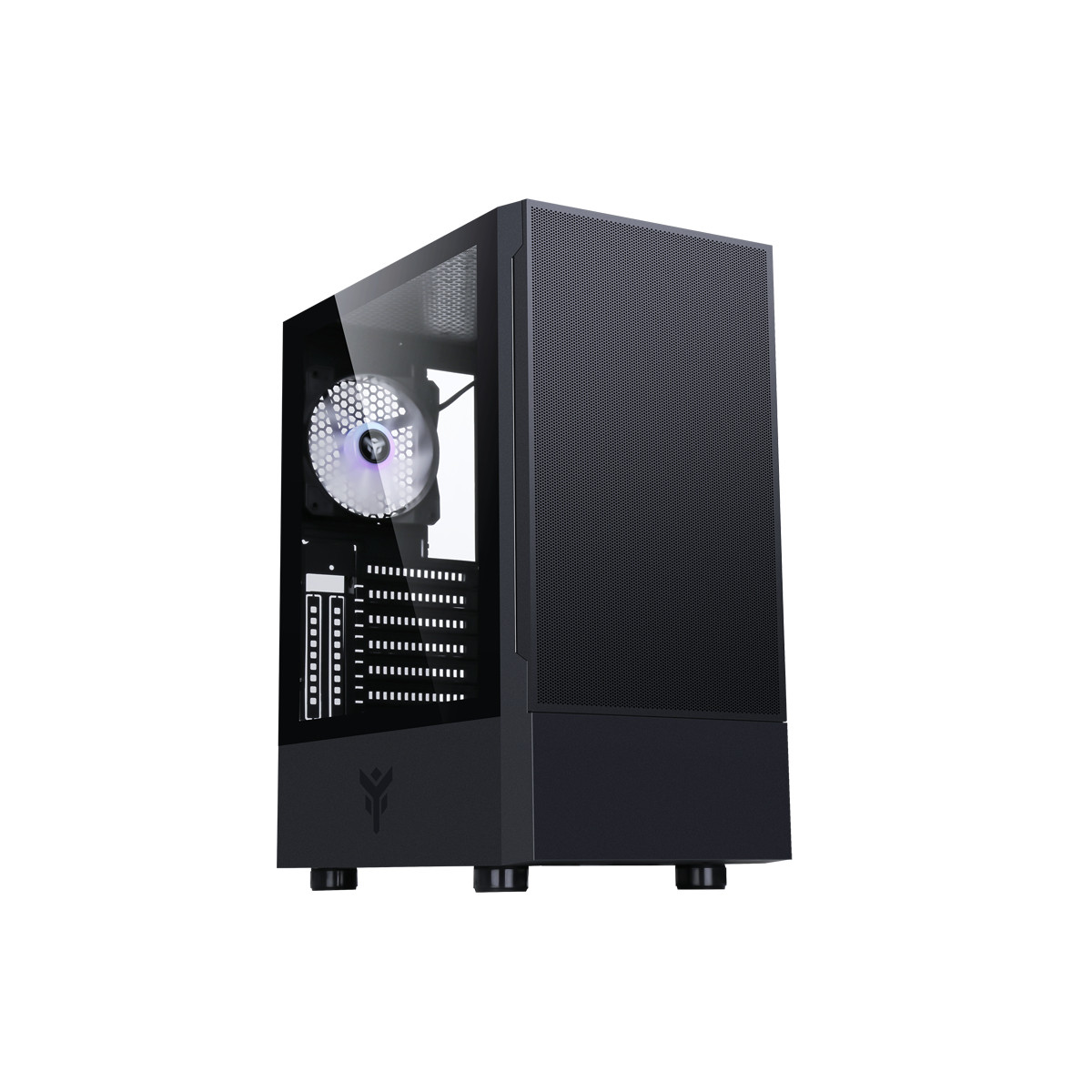 Ein schwarzes Computergehäuse mit Glasfront und beleuchtetem Lüfter.