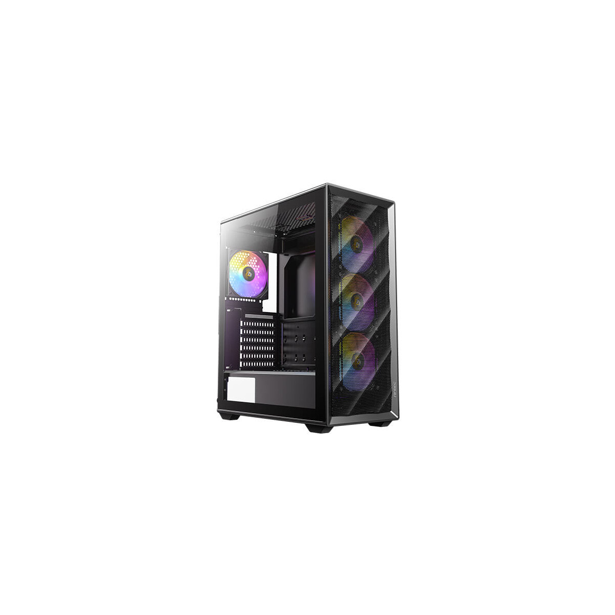 Een zwarte pc-behuizing met glazen voorkant en RGB-ventilatoren.
