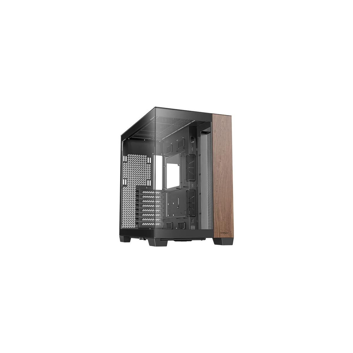 Una moderna caja de ordenador con panel lateral de cristal y frontal de madera.