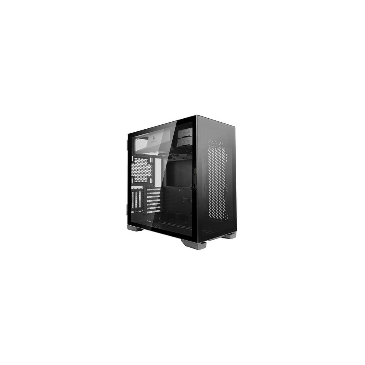 Case per computer nero con pannelli in vetro e fessure di ventilazione.