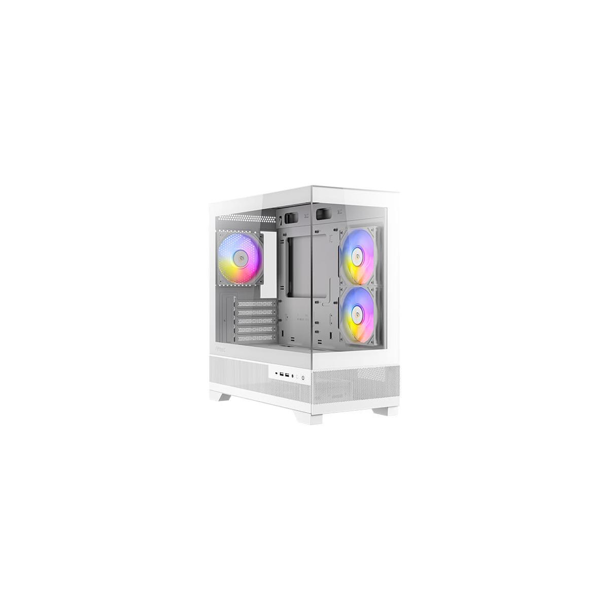 Un case per PC bianco con ventole RGB e pannello frontale in vetro.