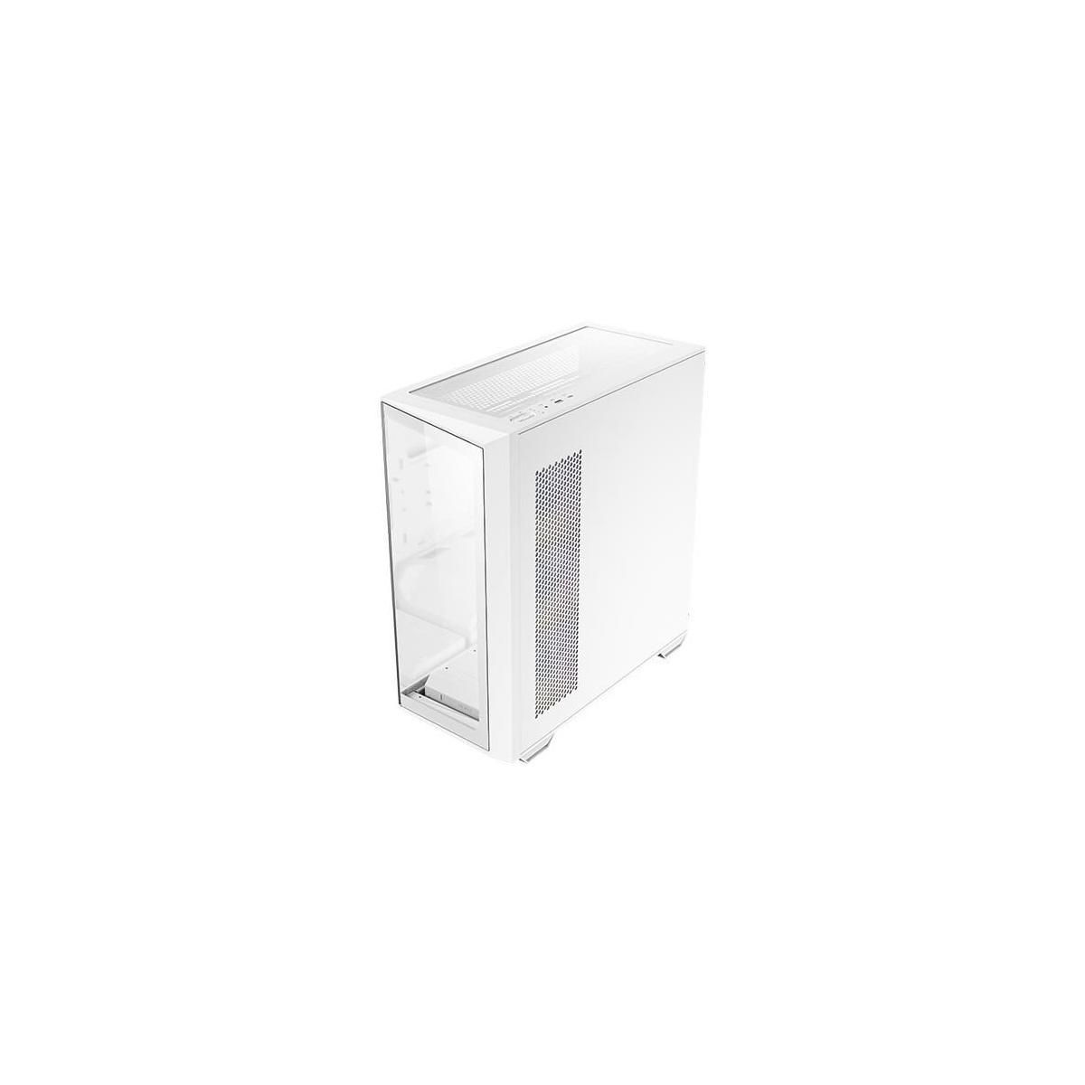Un boîtier d'ordinateur blanc avec façade en verre et aérations.