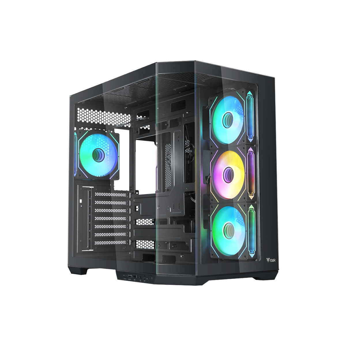 Un case per PC nero con frontale in vetro e ventole RGB.