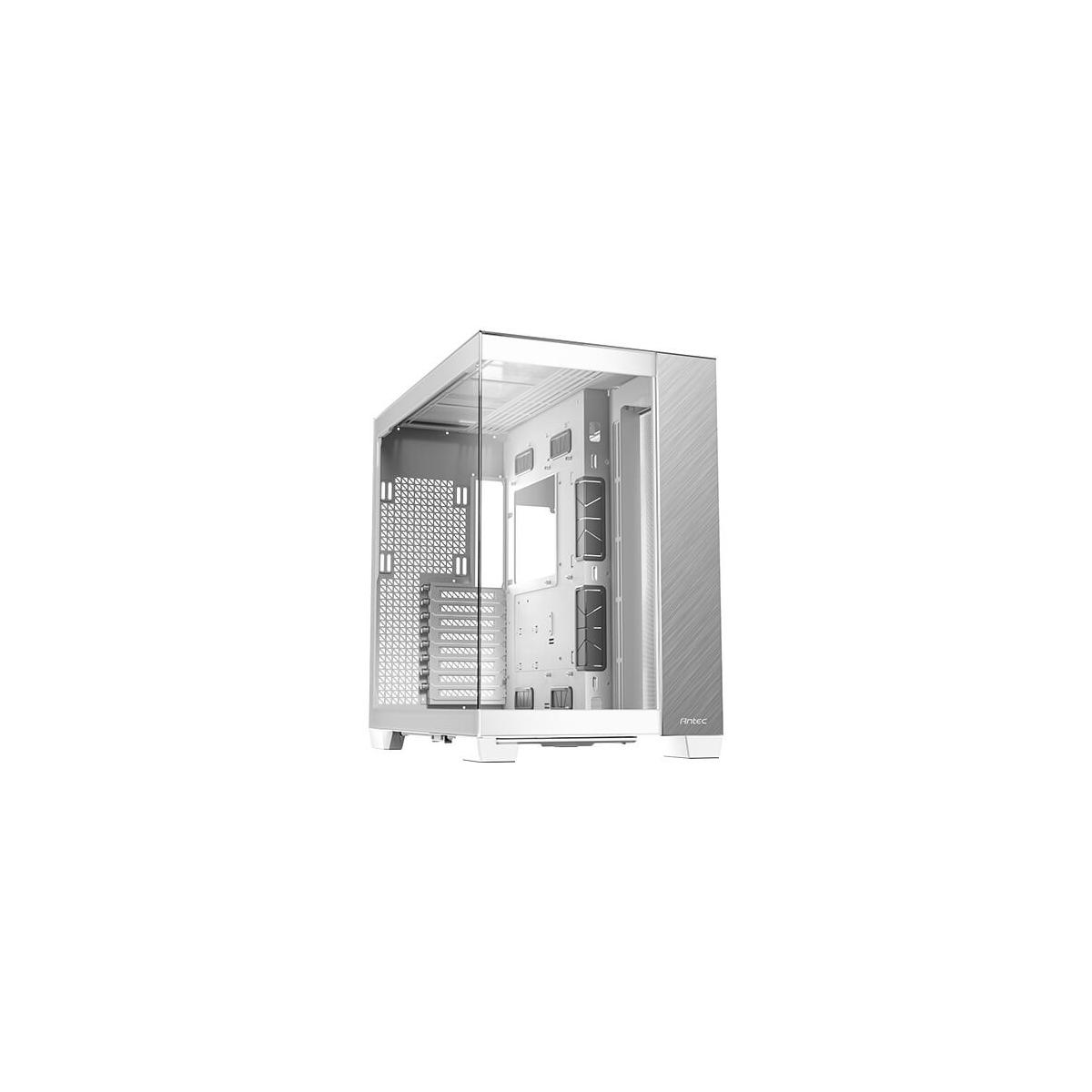Boîtier d'ordinateur argenté avec façade et côtés en verre.