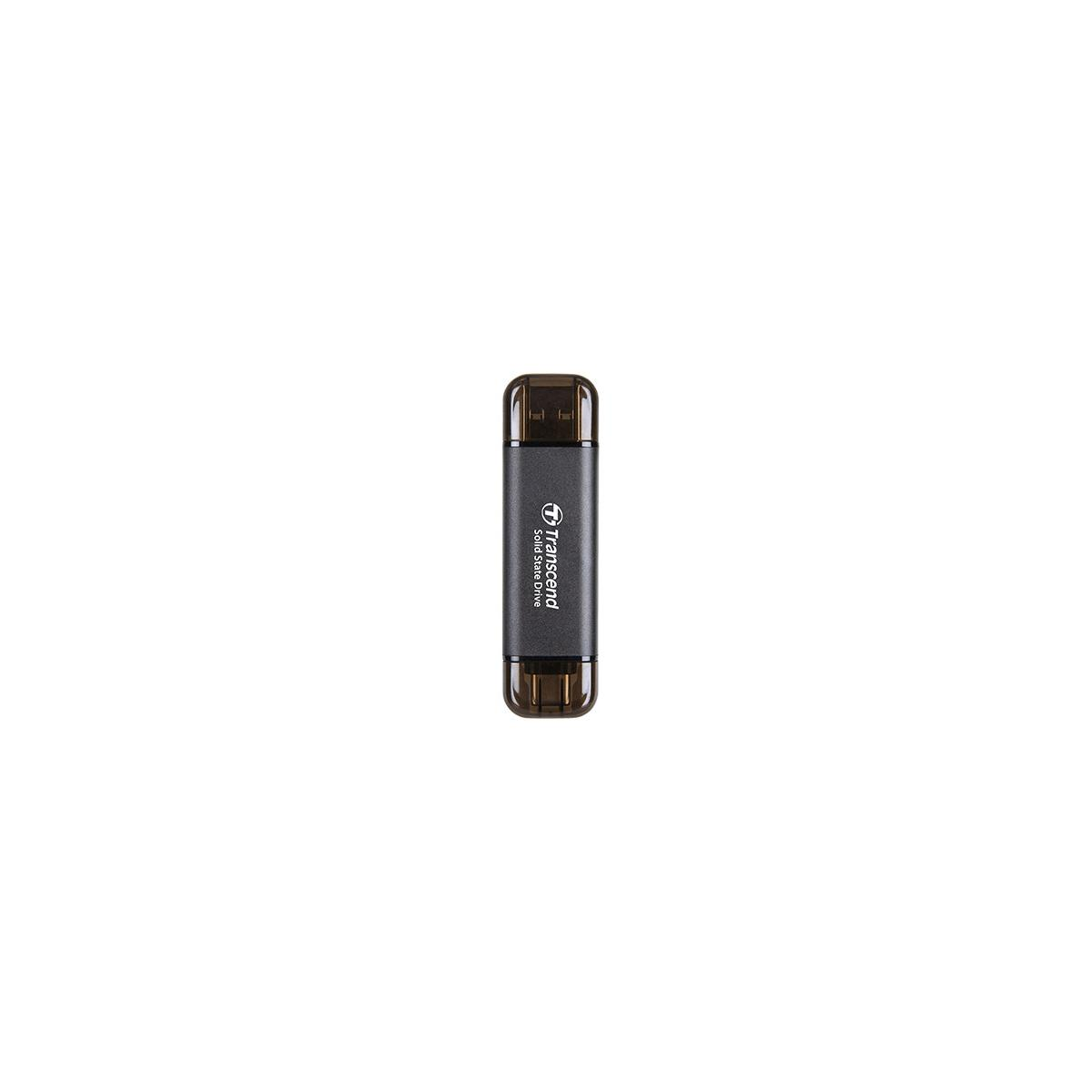 A black Transcend Solid State Drive USB stick on a white background.