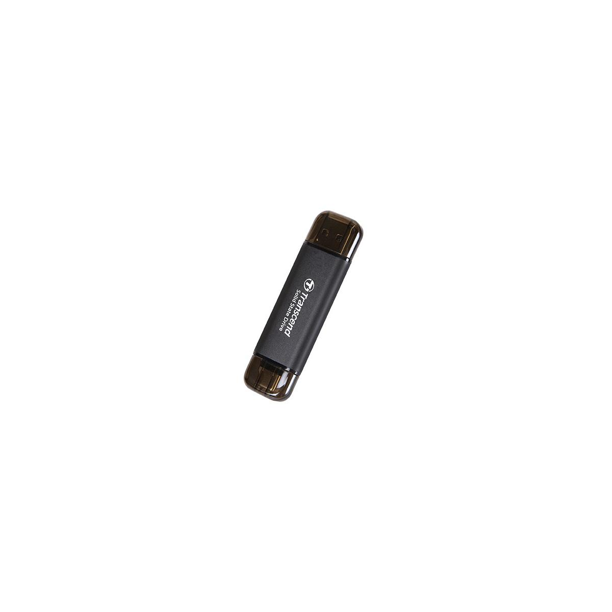 A black Transcend Solid-State Drive USB stick with clear caps on both ends.