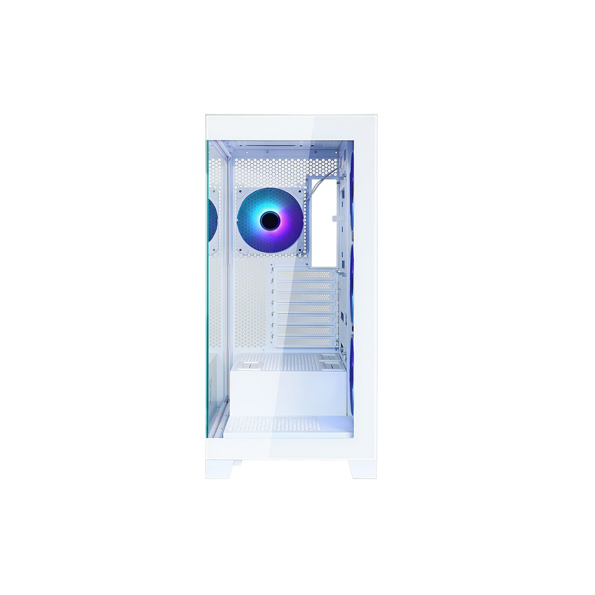 Case PC bianco con frontale in vetro e ventole RGB.