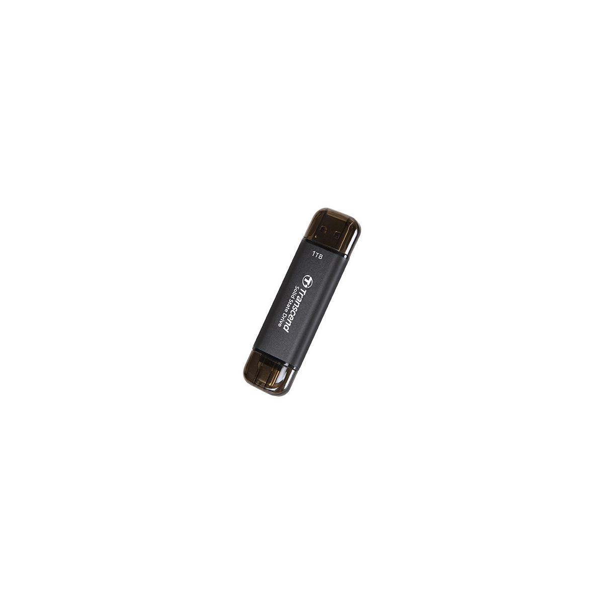 Een zwarte Transcend 1TB solid state drive staat op een witte achtergrond.