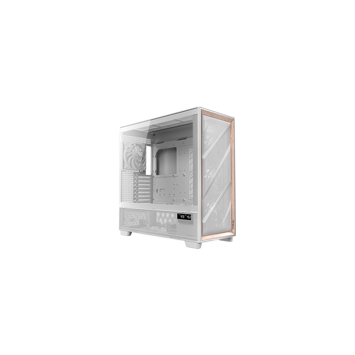 Een witte pc-behuizing met glazen voorkant en houten accenten, getoond op een witte achtergrond.