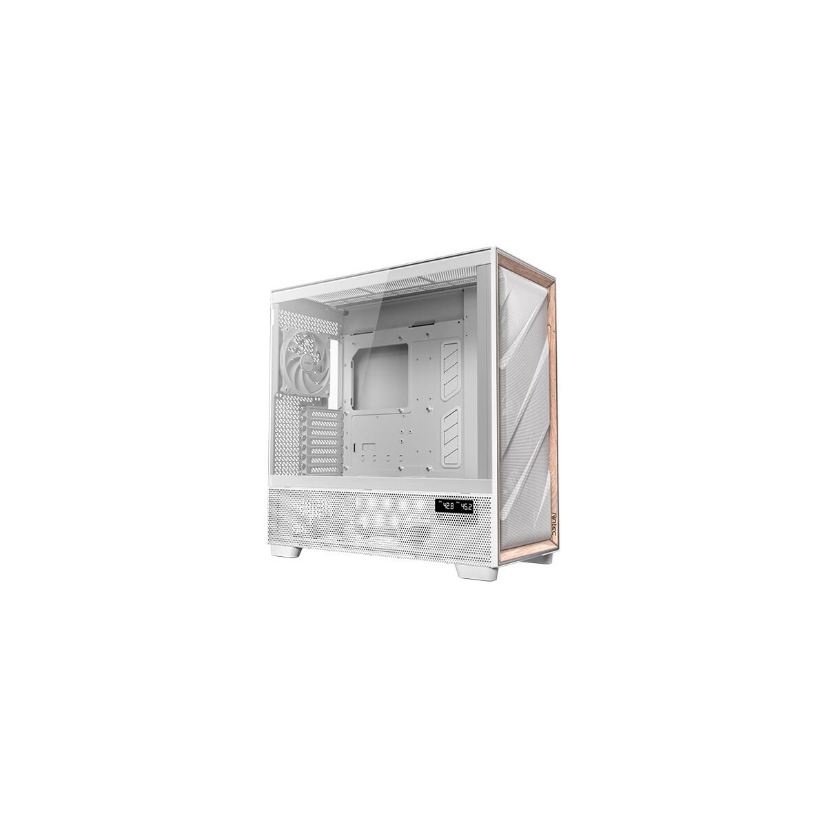 Een witte computerkast met glazen voorkant en digitale displays.