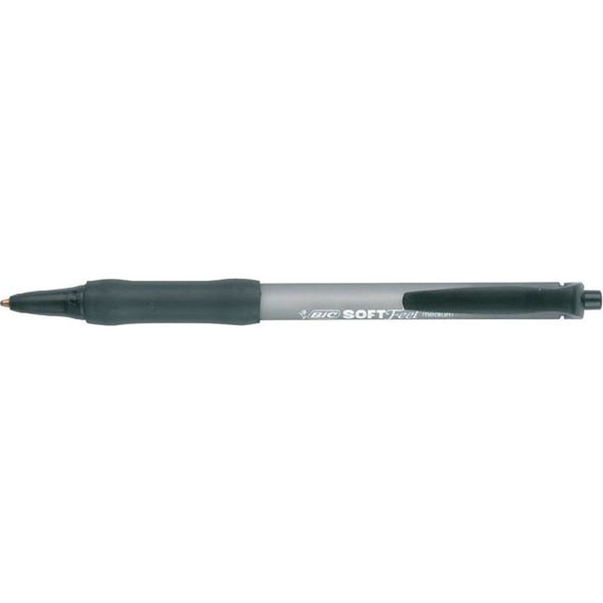È mostrata una penna BIC Soft Feel con impugnatura nera e corpo argentato.