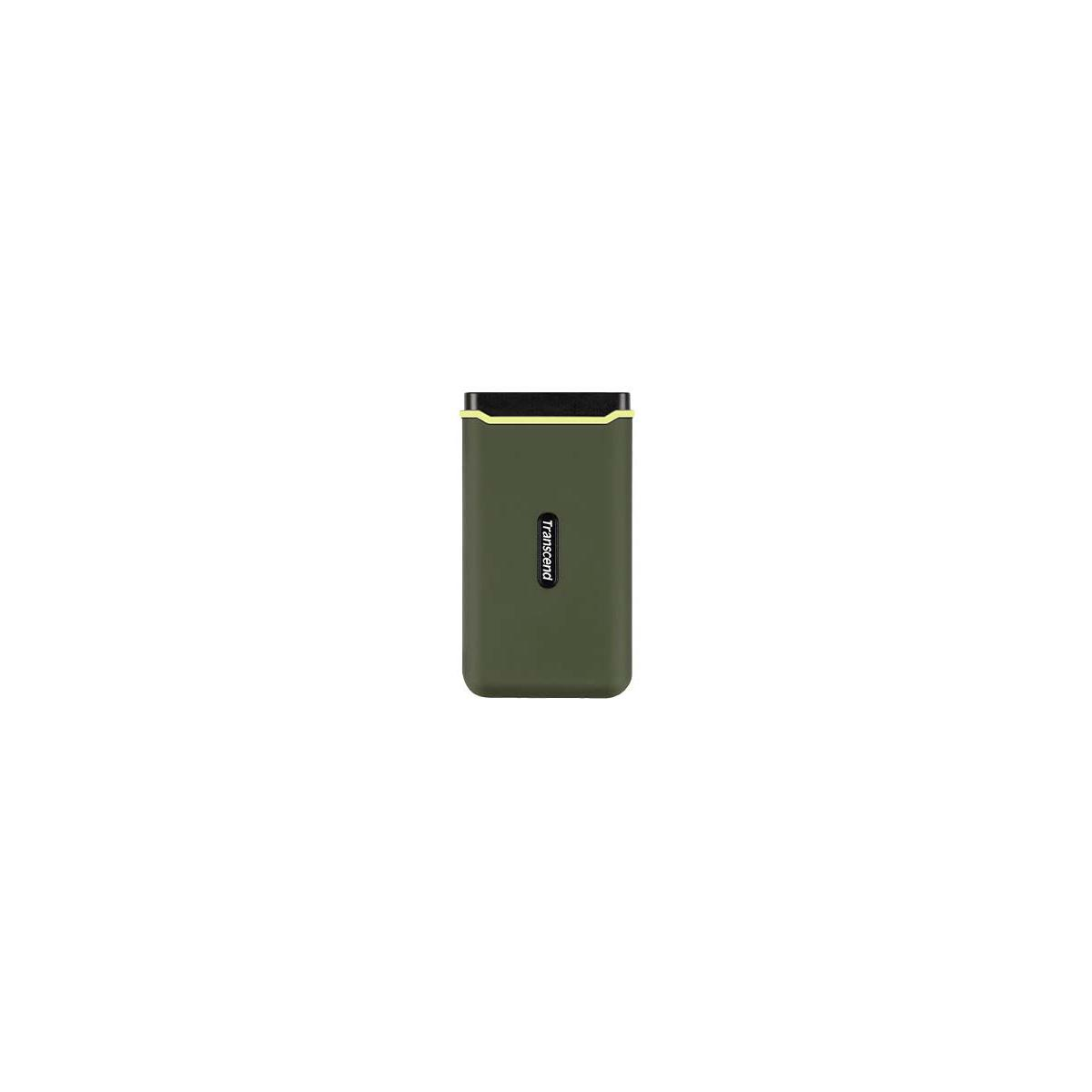 A dark green storage device with a yellow border and the text "Transcend".