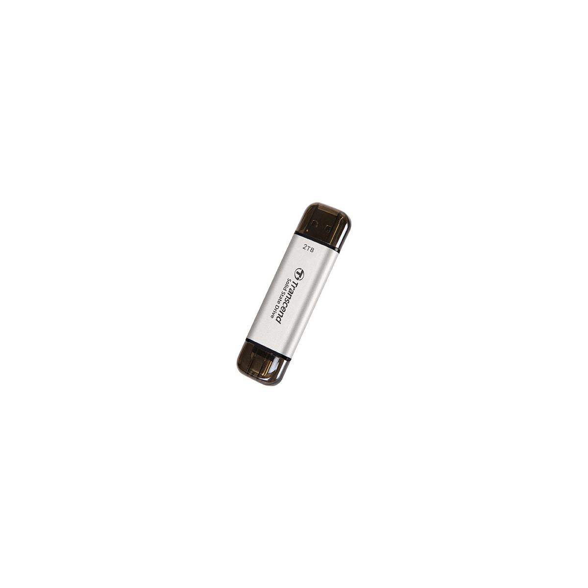 Silberner Transcend 2TB USB-Stick mit transparenten Endkappen.