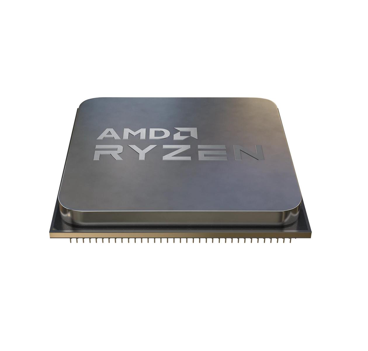 A silver AMD Ryzen processor with pins on a white background.