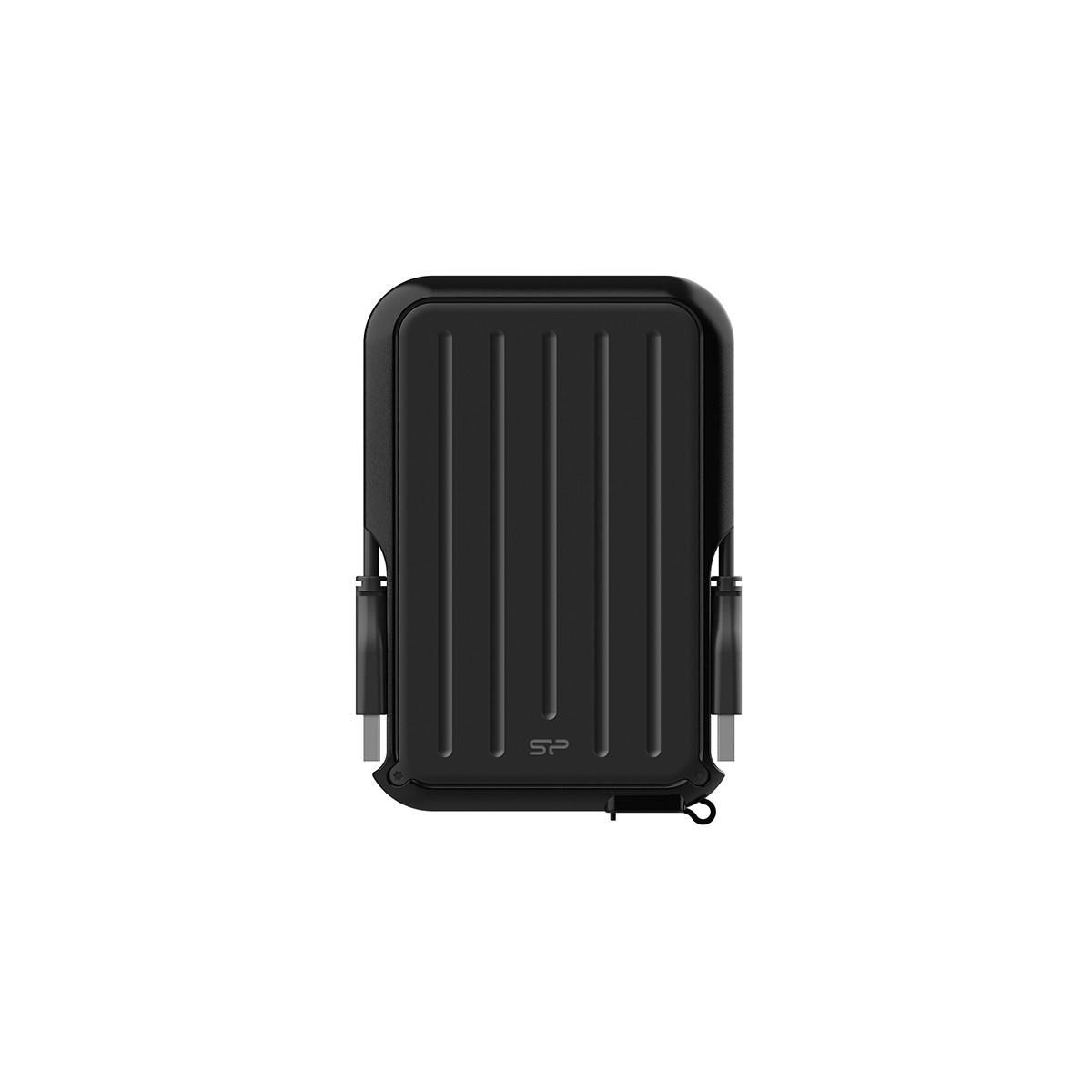 Disque portable noir à rainures verticales et câbles attachés.