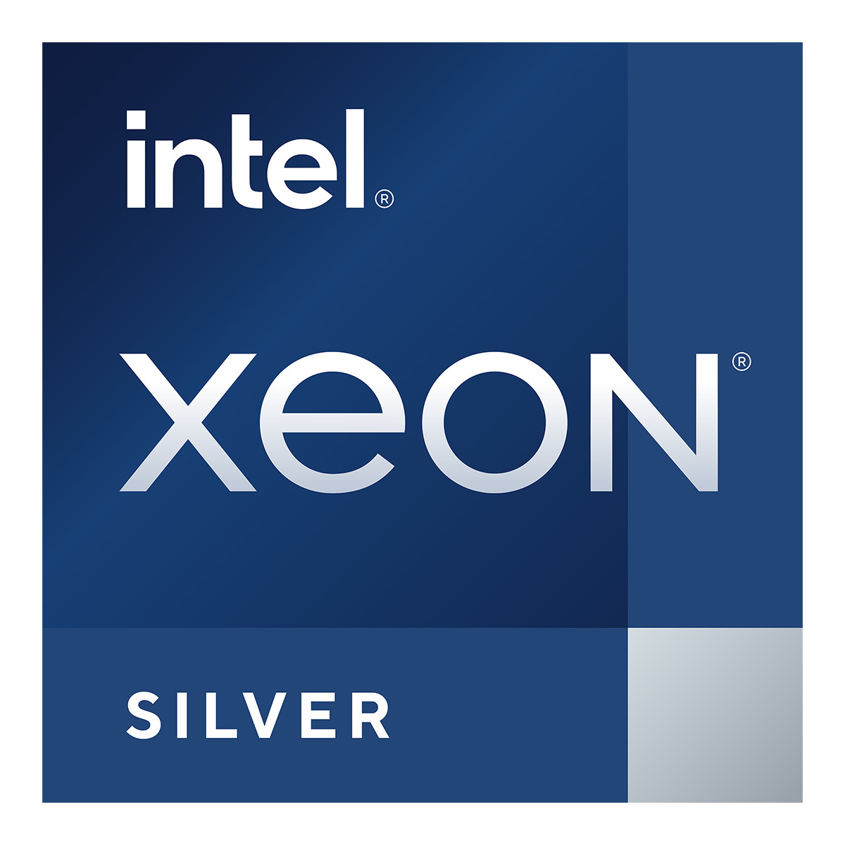 Logotipo Intel Xeon Silver sobre fondo azul.