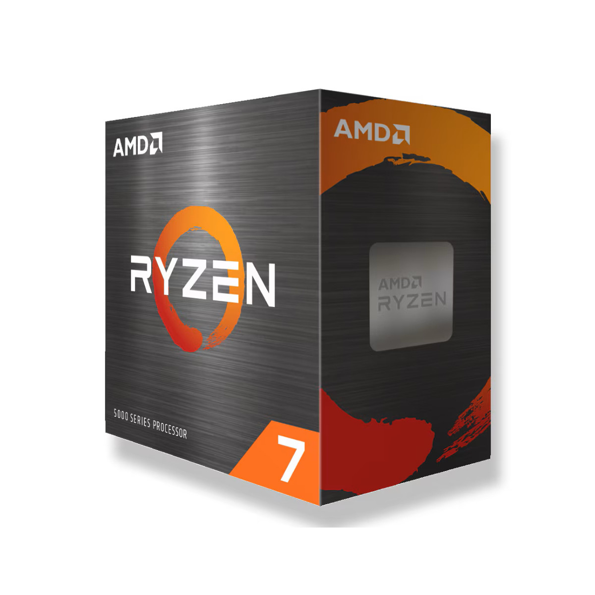 Pudełko procesora AMD Ryzen 7 z pomarańczowo-czerwonym wzorem.