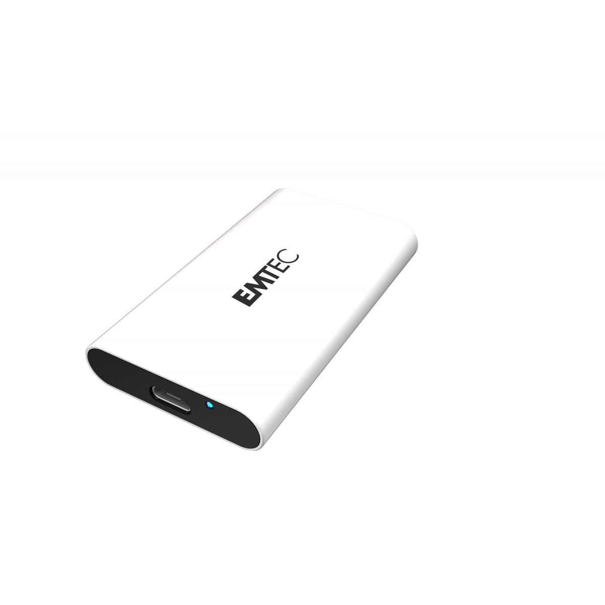 Un dispositivo EMTEC blanco con puerto USB-C y luz LED azul.