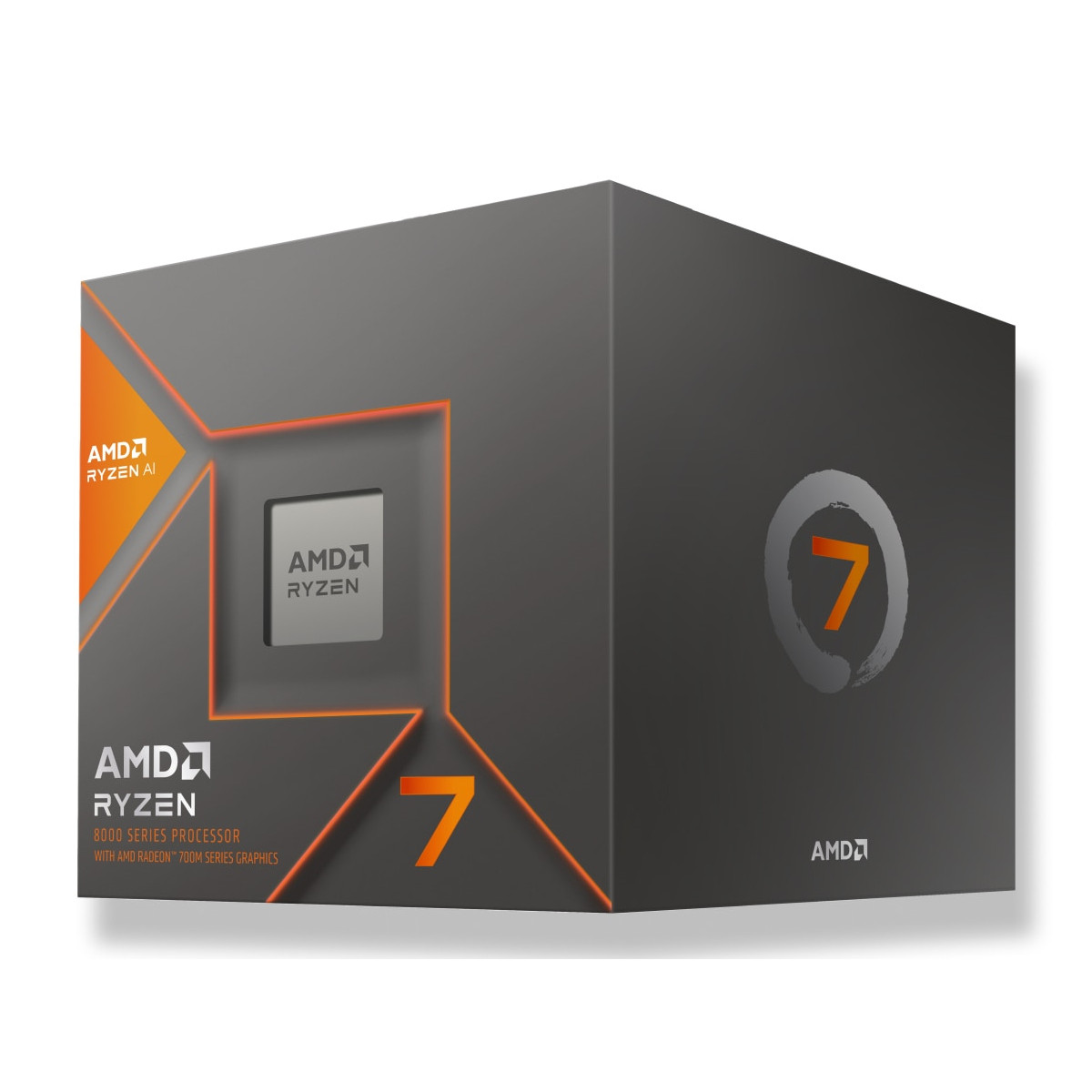 Scatola processore AMD Ryzen 7, grigia con accenti arancioni e logo.