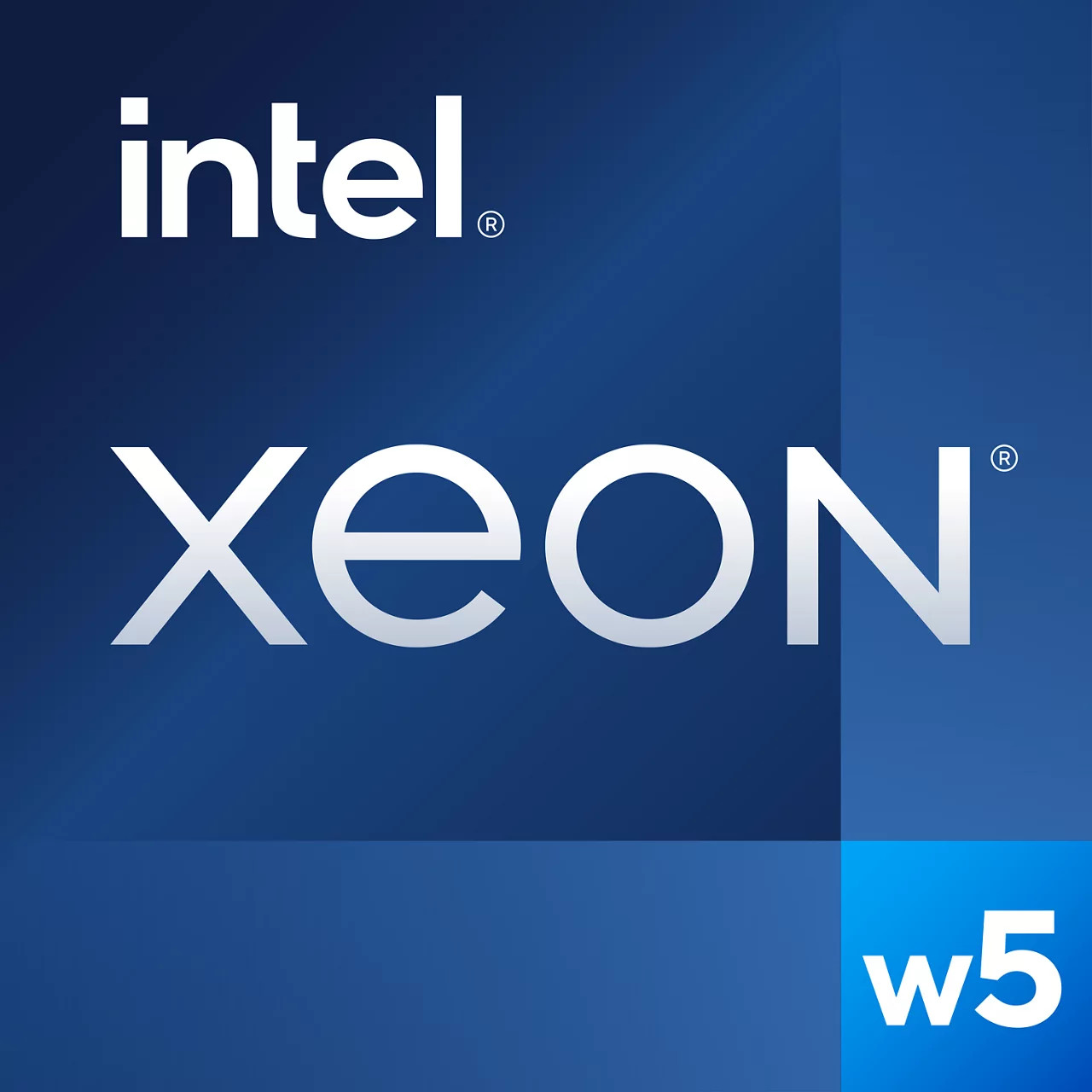 Logo Intel Xeon W5 su sfondo blu.