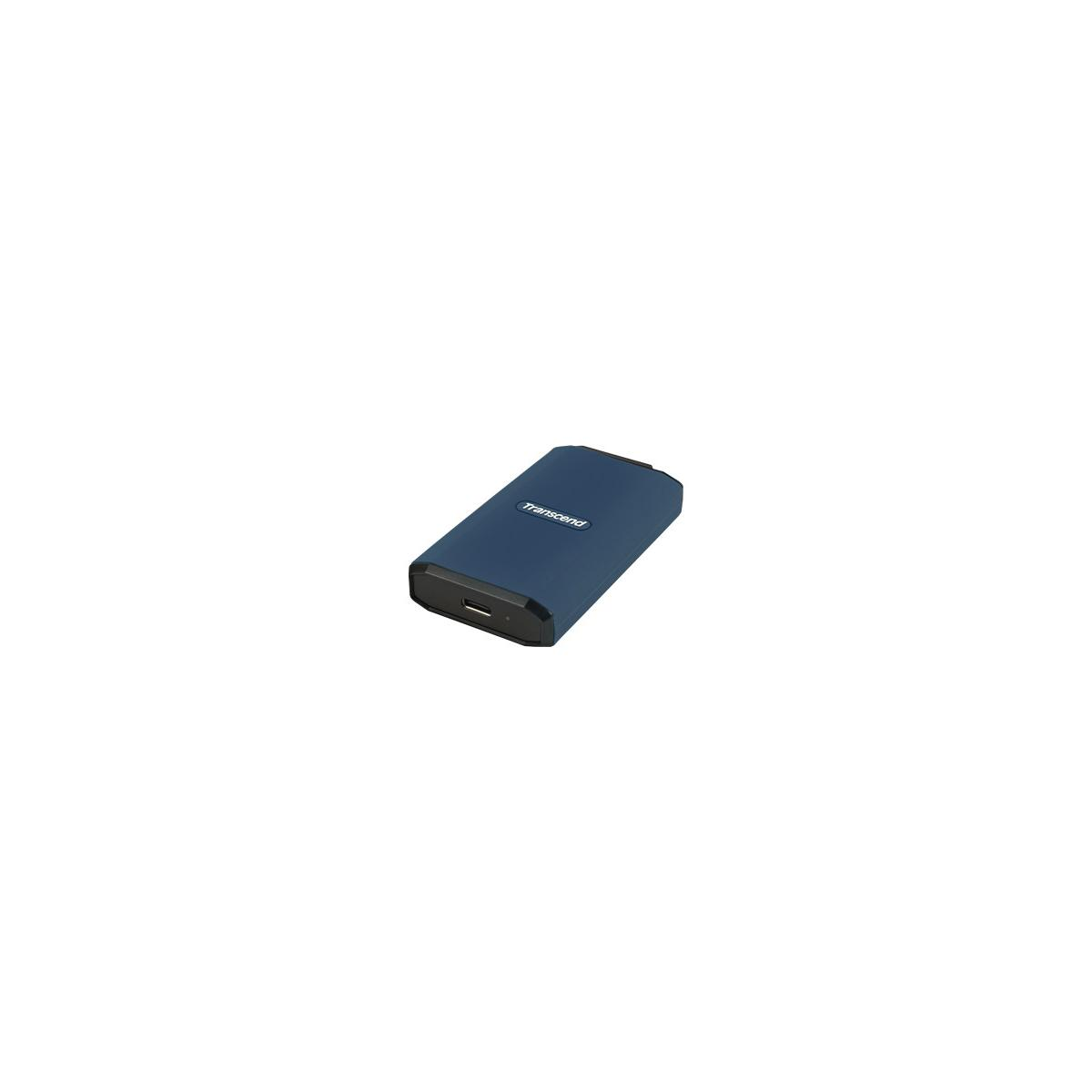 A dark blue Transcend external hard drive enclosure with a USB port.