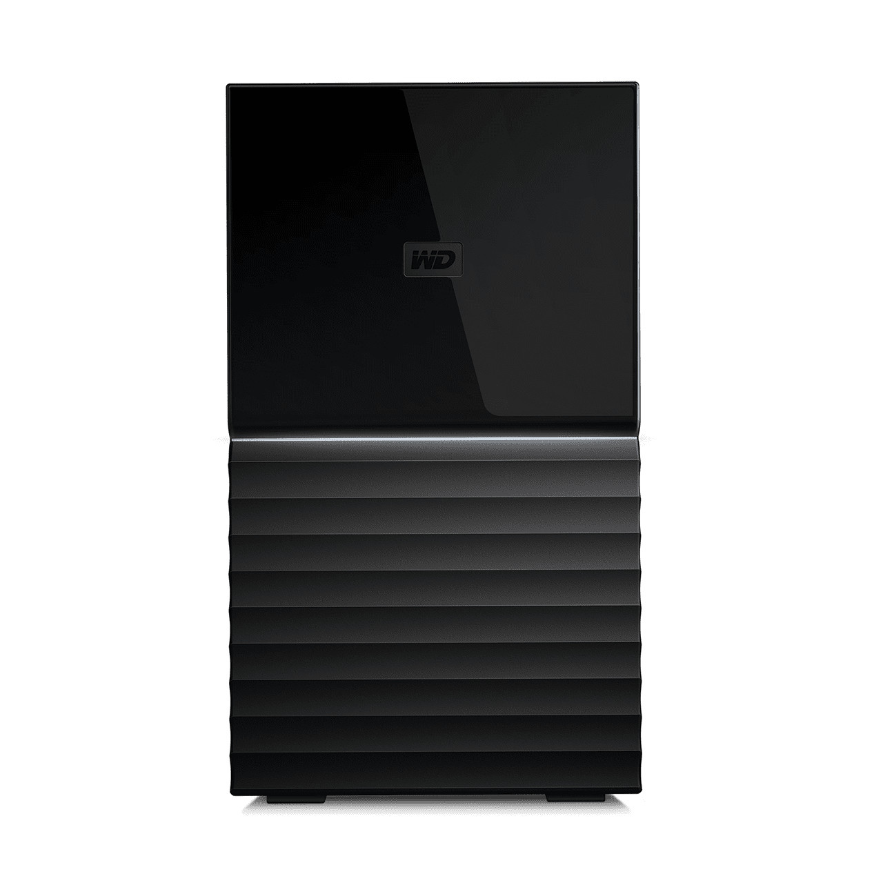 Black external hard drive with ribbed design and WD logo.