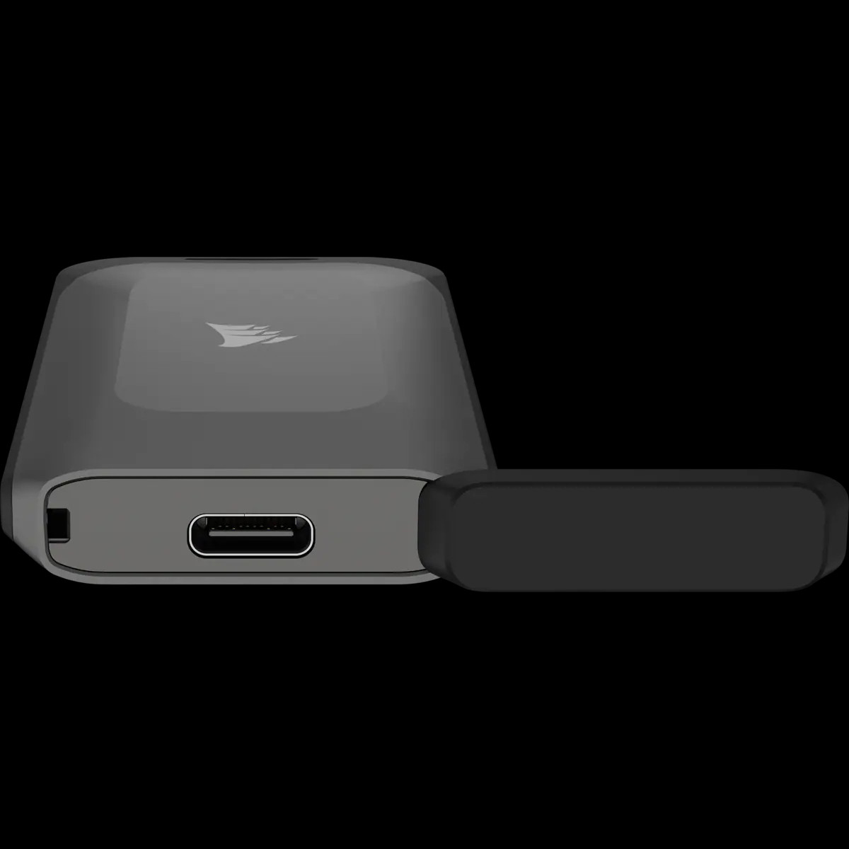 Ein graues externes Laufwerk mit USB-C-Anschluss und eingraviertem Logo.