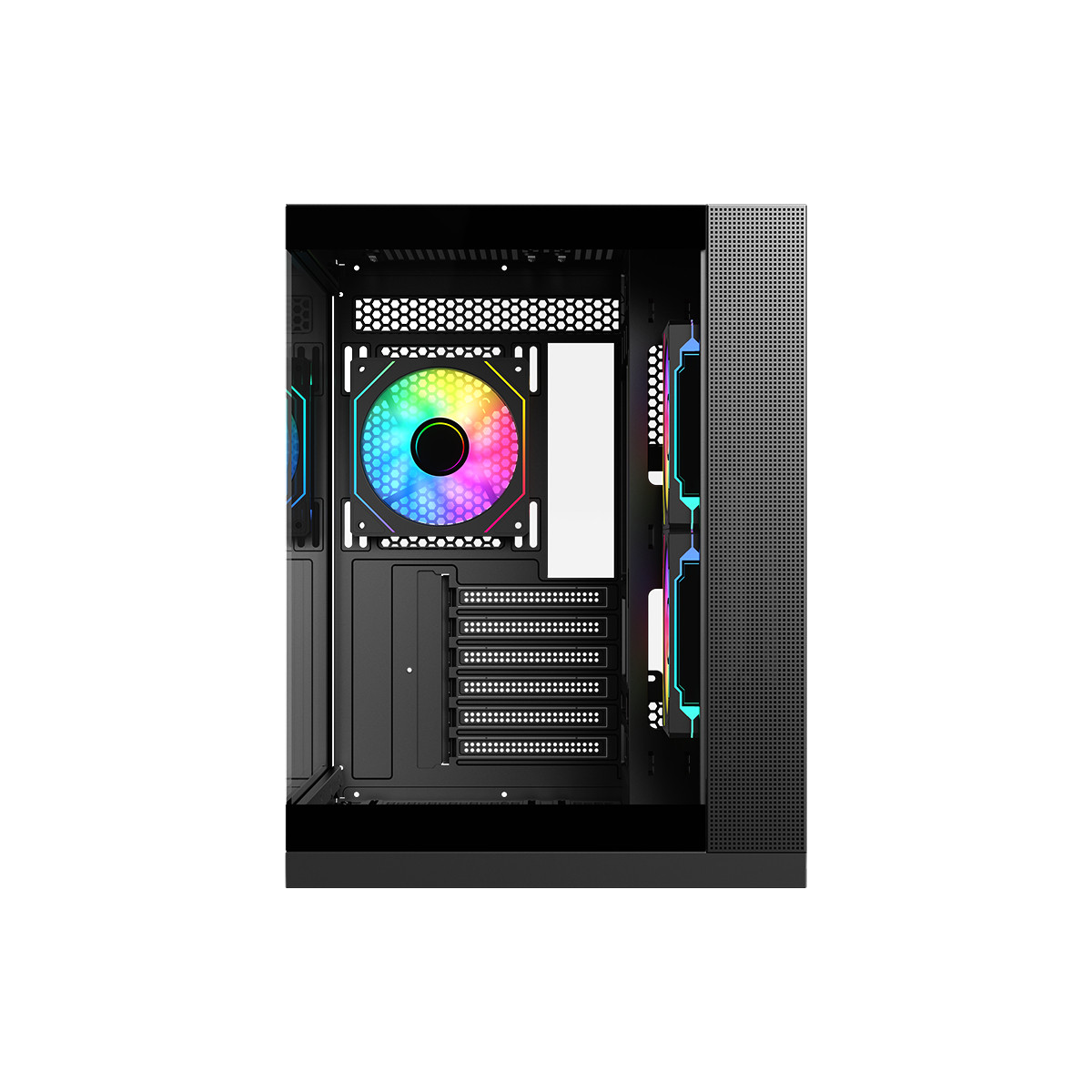Case del computer aperto con ventole RGB e interno nero.